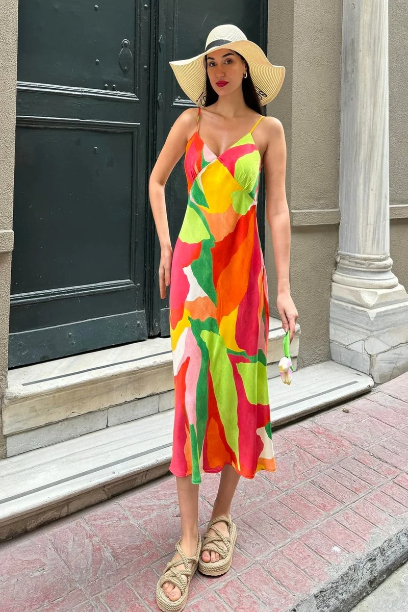 For You Moda Natural Viscose Strap Bust Gathered Patterned Green Dress