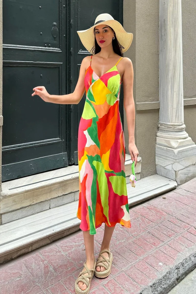 For You Moda Natural Viscose Strap Bust Gathered Patterned Green Dress