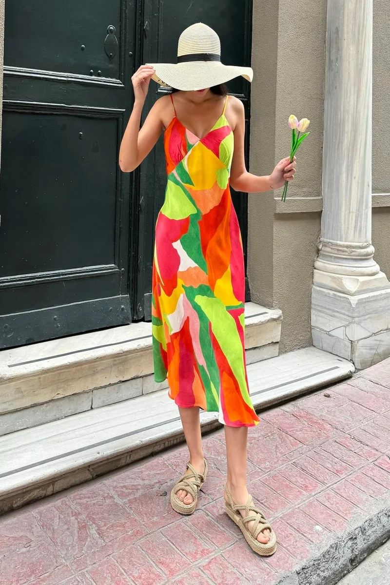 For You Moda Natural Viscose Strap Bust Gathered Patterned Green Dress
