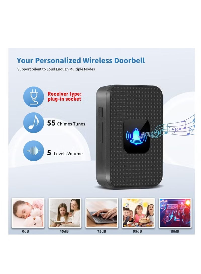 Halamine Wireless Doorbell, 400m Range, Outdoor Waterproof Door Chime with 55 Melodies, 5 Volume Levels, Flashing LED, Battery-Powered House Bell，Battery Operated Expandable Bell for Home Office - Image 4