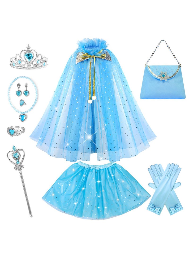 JAYATO 8 PCS Blue Mermaid Sequined Cloak and Dress Costume Princess Set, Best Gift for Girls, Birthday Party Role-playing, average size - Image 1