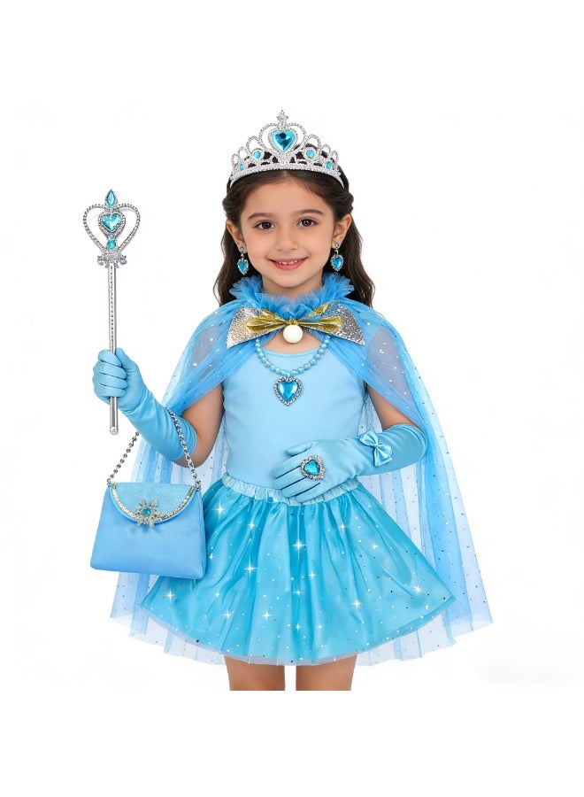 JAYATO 8 PCS Blue Mermaid Sequined Cloak and Dress Costume Princess Set, Best Gift for Girls, Birthday Party Role-playing, average size - Image 2