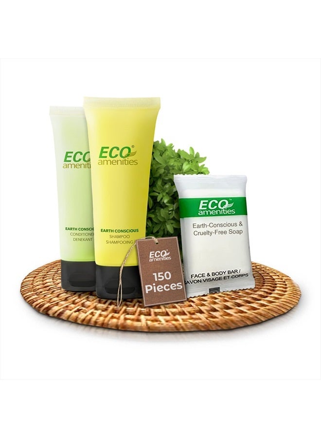 ECO Amenities 150 PIECE Soap, Shampoo & Conditioner Mini Toiletries, 3-Piece Kits in Toiletry Bags - Travel Size Shampoo and Conditioner Sets, Soap Bars (1oz each), Trial Size Toiletries Bulk Kits - Image 1