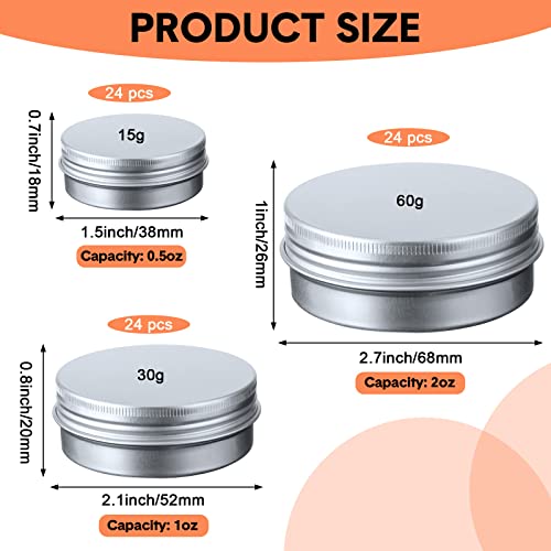 Chumia 72 Pieces Metal Round Tins Portable Aluminum Cans Containers Small Candle Empty Tin Containers with Screw Lids Metal Containers for Salve Cream Spices Candles, 3 Sizes - Image 2