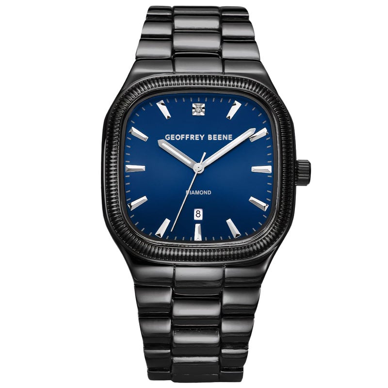 Geoffrey Beene Men's Square Metal Dress Watch Gunmetal Black, Classic Quartz, Water Resistant, Blue Dial with Date, Elegant Design, Adjustable Bracelet, Business Formal - Image 1