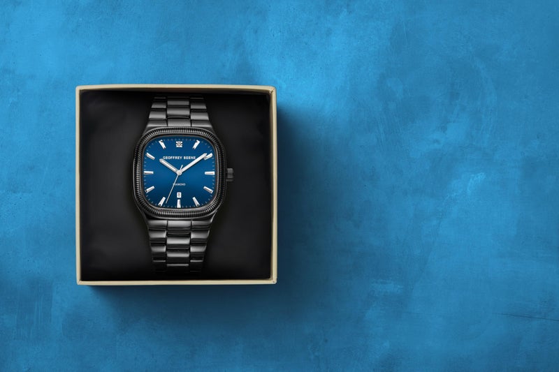 Geoffrey Beene Men's Square Metal Dress Watch Gunmetal Black, Classic Quartz, Water Resistant, Blue Dial with Date, Elegant Design, Adjustable Bracelet, Business Formal - Image 2