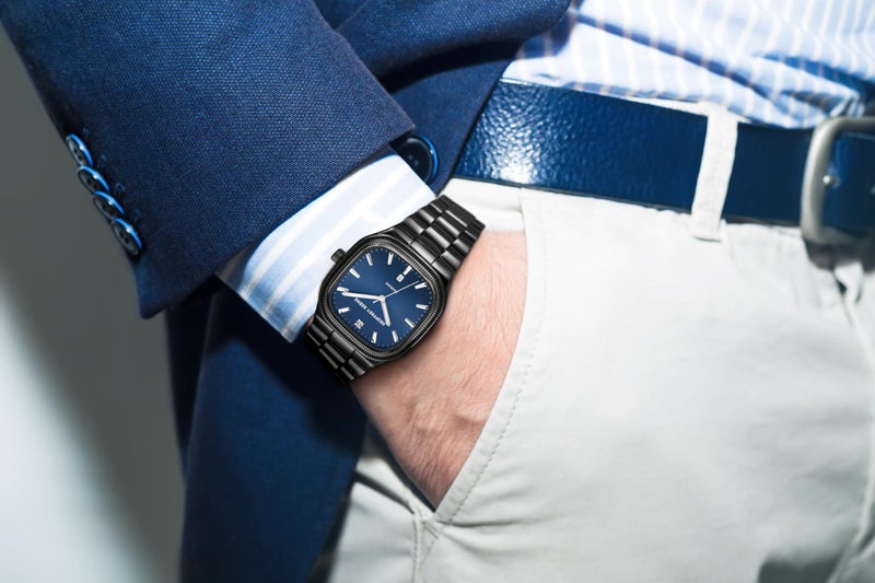 Geoffrey Beene Men's Square Metal Dress Watch Gunmetal Black, Classic Quartz, Water Resistant, Blue Dial with Date, Elegant Design, Adjustable Bracelet, Business Formal - Image 5