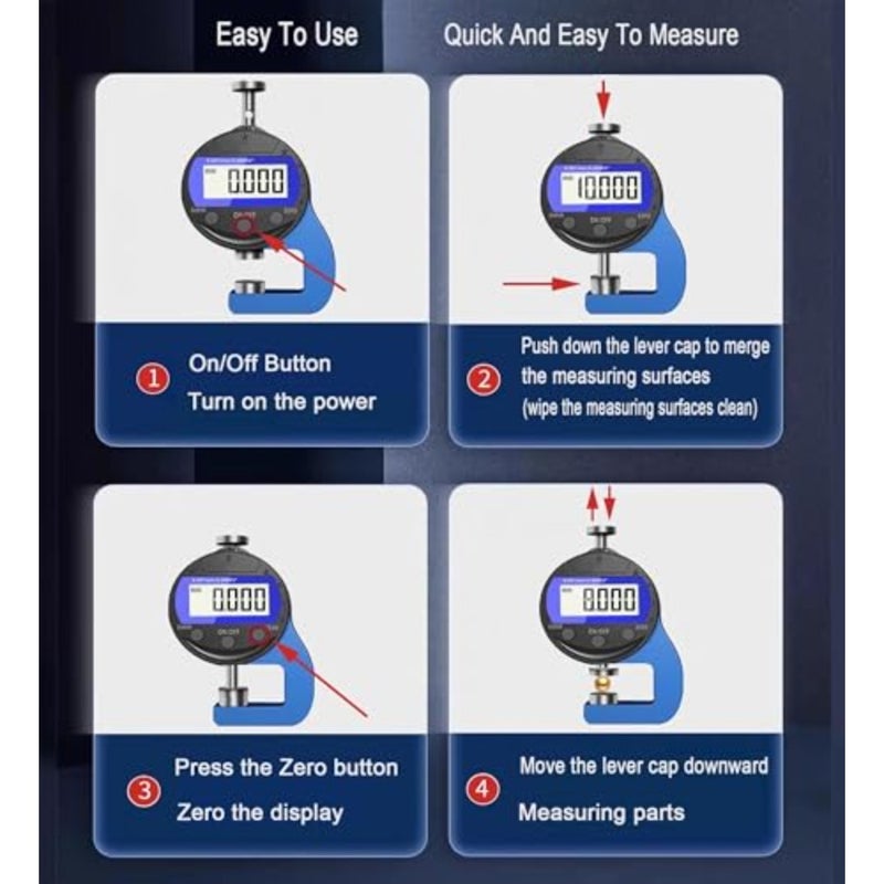 نطاق قياس السُمك 0-10 مم 0.0005 بوصة/0.01 مم مع شاشة LCD، مقياس السُمك الرقمي لتحويل الوحدة للجلود والورق والصفائح المعدنية والمزيد. - Image 3