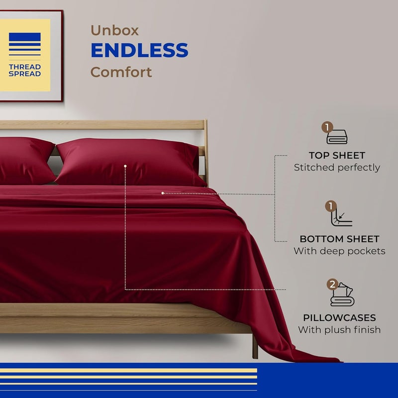 THREAD SPREAD Pure 100% Egyptian Cotton Sheets Full Size - 800 Series Euphoria Collection Deep Pocket Full Size Sheets Set (4 PC, Burgundy), Silky Soft Cooling Hotel Sheets, Fits Mattress Upto 18" - Image 3
