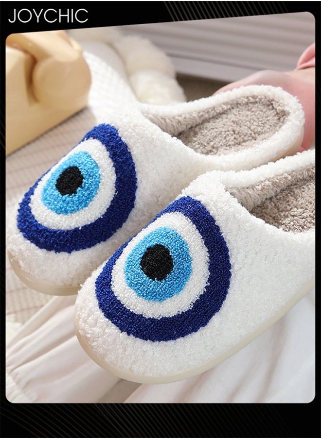 Joychic - New Style Evil Eyes Pattern Comfortable Home Indoor Slippers  Autumn and Winter Warm  Non-slip  Thick-soled Soft Bedroom Cotton Slippers for Couples Men Women White+Blue - Image 1