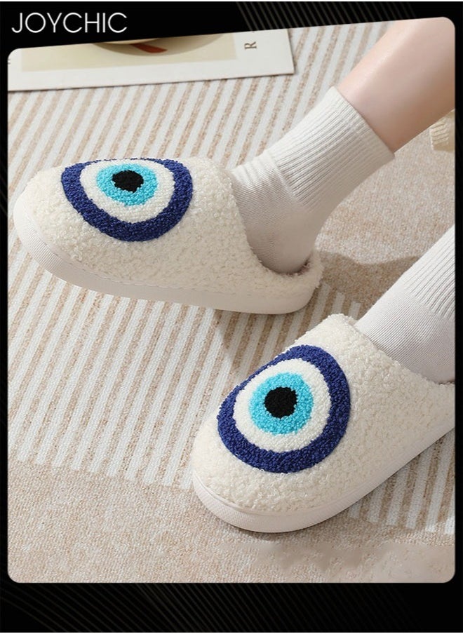 Joychic - New Style Evil Eyes Pattern Comfortable Home Indoor Slippers  Autumn and Winter Warm  Non-slip  Thick-soled Soft Bedroom Cotton Slippers for Couples Men Women White+Blue - Image 1