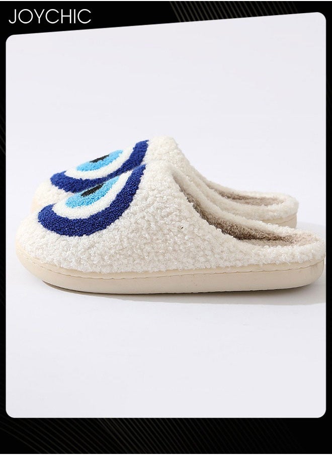 Joychic - New Style Evil Eyes Pattern Comfortable Home Indoor Slippers  Autumn and Winter Warm  Non-slip  Thick-soled Soft Bedroom Cotton Slippers for Couples Men Women White+Blue - Image 1