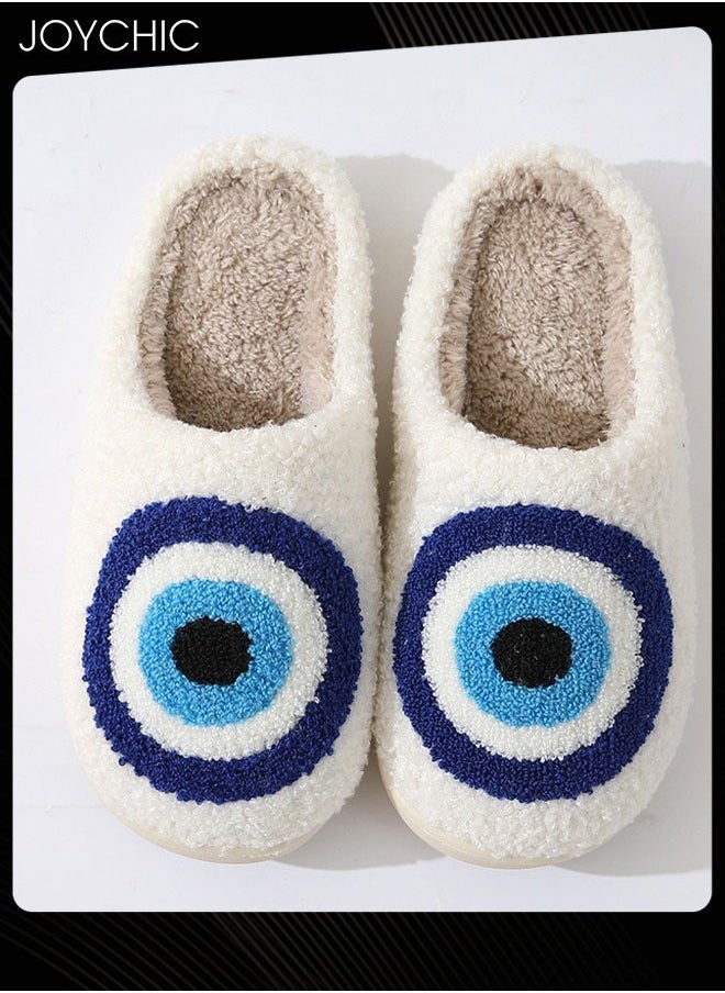 Joychic - New Style Evil Eyes Pattern Comfortable Home Indoor Slippers  Autumn and Winter Warm  Non-slip  Thick-soled Soft Bedroom Cotton Slippers for Couples Men Women White+Blue - Image 1
