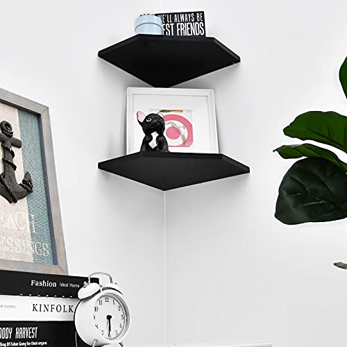 WELLAND 12-Inch Black Floating Corner Shelves Set of 2, Wall Mounted Storage Shelf for Bedroom, Living Room, Bathroom, Display Shelf for Small Plant, Photo Frame, Toys, Black - Image 3