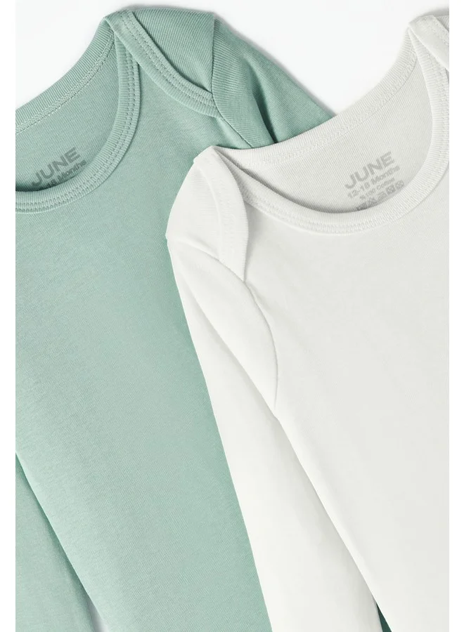 JUNE June Baby Basic Envelope Collar 2-Pack Long Sleeve Bodysuit Solid Color Green - Stone