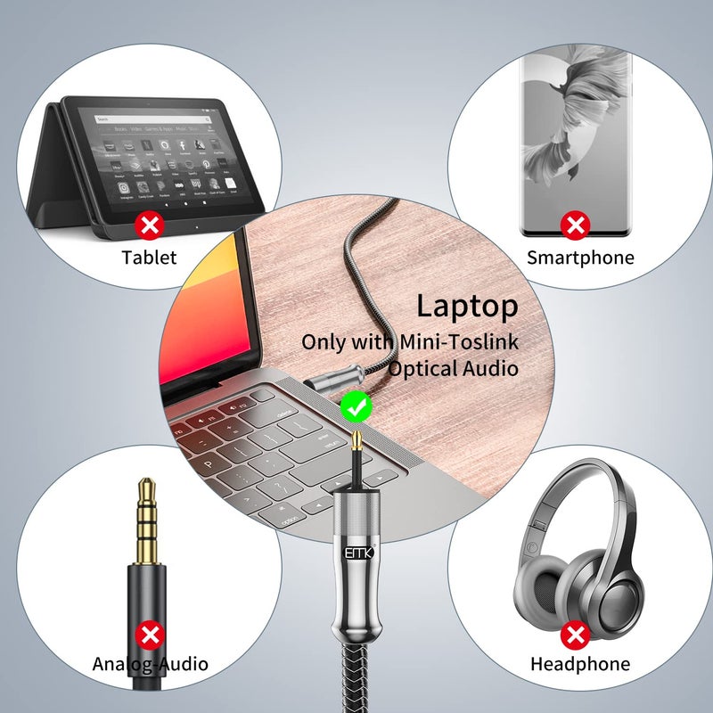 EMK 24K Gold-Plated Toslink to Mini Toslink Cable (6ft/2M) - Digital Optical Audio Cable with 3.5mm Mini Plug for Soundbar, Home Theater, TV - Silver SPDIF Fiber Optic Cable - Image 3