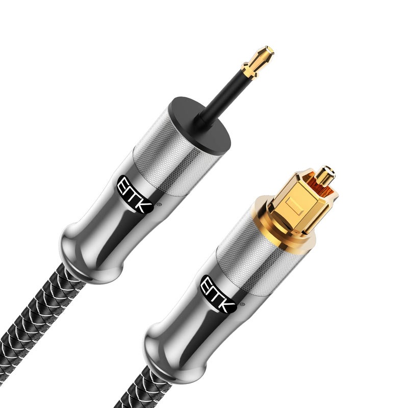 EMK 24K Gold-Plated Toslink to Mini Toslink Cable (6ft/2M) - Digital Optical Audio Cable with 3.5mm Mini Plug for Soundbar, Home Theater, TV - Silver SPDIF Fiber Optic Cable - Image 1