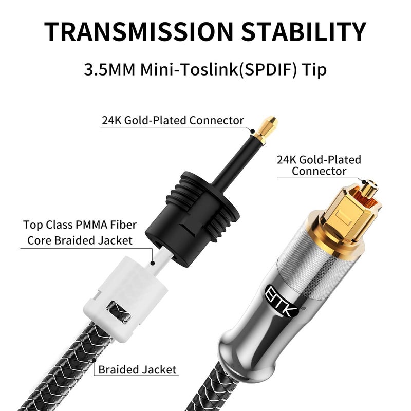 EMK 24K Gold-Plated Toslink to Mini Toslink Cable (6ft/2M) - Digital Optical Audio Cable with 3.5mm Mini Plug for Soundbar, Home Theater, TV - Silver SPDIF Fiber Optic Cable - Image 4
