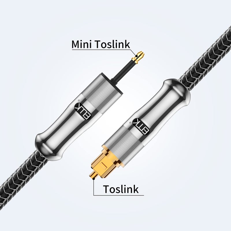 EMK 24K Gold-Plated Toslink to Mini Toslink Cable (6ft/2M) - Digital Optical Audio Cable with 3.5mm Mini Plug for Soundbar, Home Theater, TV - Silver SPDIF Fiber Optic Cable - Image 2