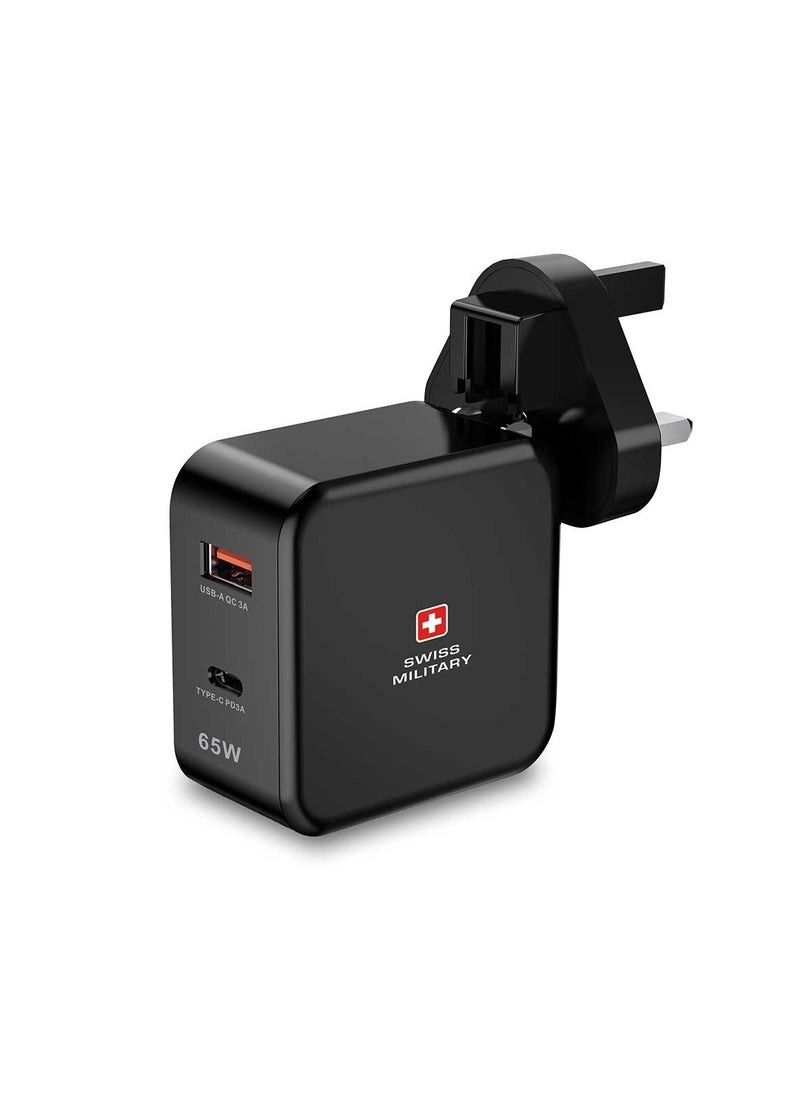 SWISS MILITARY - Power Station PD AC-Charger 65W with Fast Charging, QC 3.0 GaN Technology, Compact Travel-Ready Design, 45W USB-C & USB-A Output, USB Power Delivery – Black - Image 1