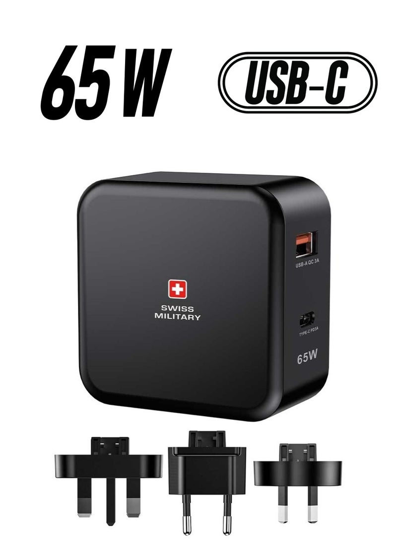SWISS MILITARY - Power Station PD AC-Charger 65W with Fast Charging, QC 3.0 GaN Technology, Compact Travel-Ready Design, 45W USB-C & USB-A Output, USB Power Delivery – Black - Image 1