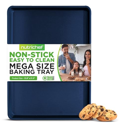 NutriChef Nonstick Cookie Sheet Baking Pan 1qt Metal Oven Baking Tray Professional Quality Kitchen Cooking NonStick Bake Trays Stylish Blue Diamond Silicone Coating PFOA PFOS PTFE Free NCLG1BD5