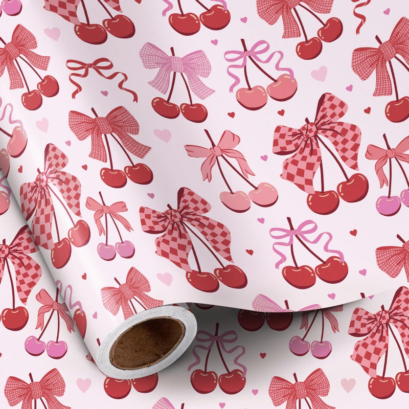 RUSPEPA Cherry Bow Wrapping Paper Roll Valentine Gift Wrap Pink and Red Wrap Paper for Girl Birthday Valentines Day Bachelorette Galentines 17 Inch x 164 Feet - Image 2