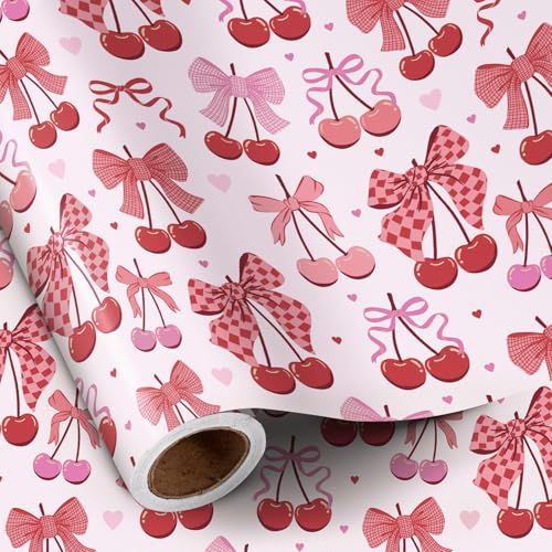 RUSPEPA Cherry Bow Wrapping Paper Roll Valentine Gift Wrap Pink and Red Wrap Paper for Girl Birthday Valentines Day Bachelorette Galentines 17 Inch x 164 Feet - Image 1
