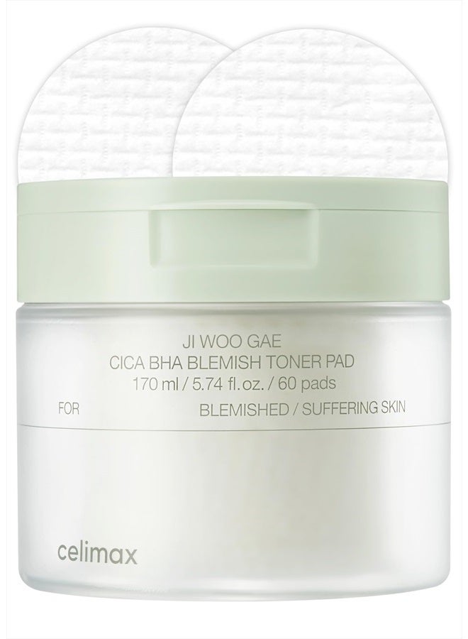 Ji.Woo.Gae Cica BHA Blemish Toner Pad | Hydrating & Moisturizing Exfoliating Pads for Oily Combination Skin, for Soothing, Depuffing, Repairing, Astringent Pads (60 Pads)