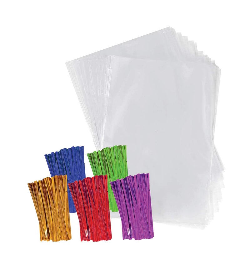 Purple Q Crafts Purple Q Crafts Clear Plastic Cellophane Bags with 4 Colored Twist Ties for Gifts Party Favors 4x6 100 Pack