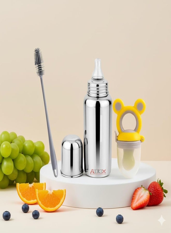 AEREX Stainless Steel Baby Feeding Bottle with Cleaning Brush & Silicone Fruit Nibbler | Insulated Leak-Proof Baby Milk Bottle | Safe BPA-Free Baby Feeding Set for Newborns & Toddlers (Yellow) - Image 1