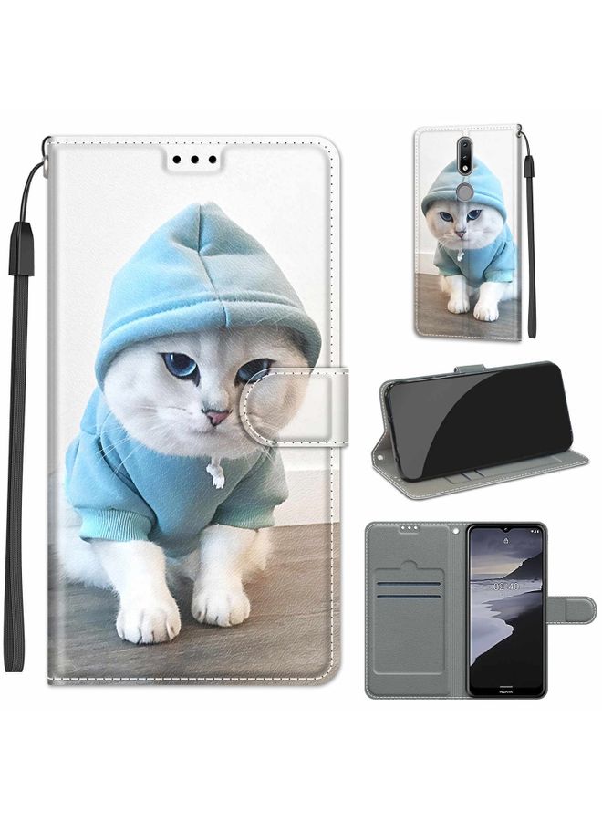 HuHa Case Cover For For Nokia 2.4 Voltage Colored Drawing Magnetic Clasp Horizontal Flip PU Leather Case with Holder & Card Slots(C15 Blue Sweater White Cat)