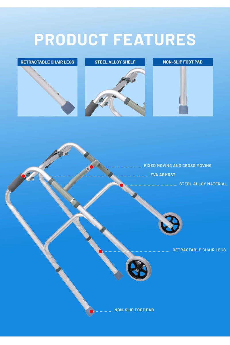 ايد بلس مشاية مساعدة خفيفة الوزن من الألومنيوم قابلة للطي مع عجلات وارتفاع قابل للتعديل وأطراف مطاطية مضادة للانزلاق - Image 3