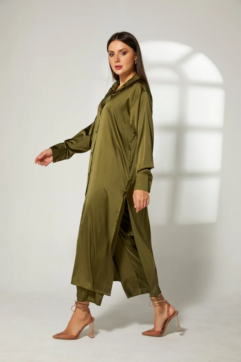 Moistreet Button Down Long Top & Pants Set