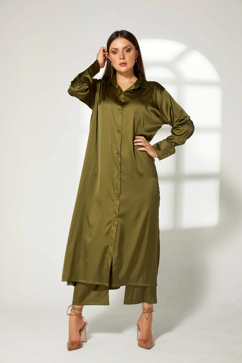 Moistreet Button Down Long Top & Pants Set