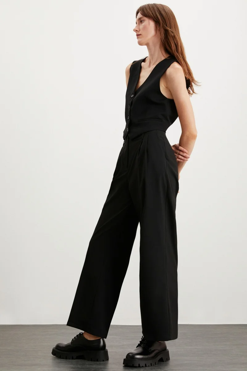 جريميلانج Luzıa Women's Wide Leg Ankle Length Woven Fabric Black Trousers
