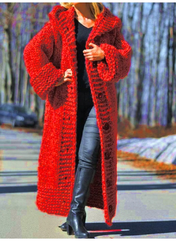 NIBEMINENT Women Hooded Knit Sweater Thick Coat Button Long Jumpers Solid Elegant Loose Coats Jumpers Casual Lady Winter - Image 1