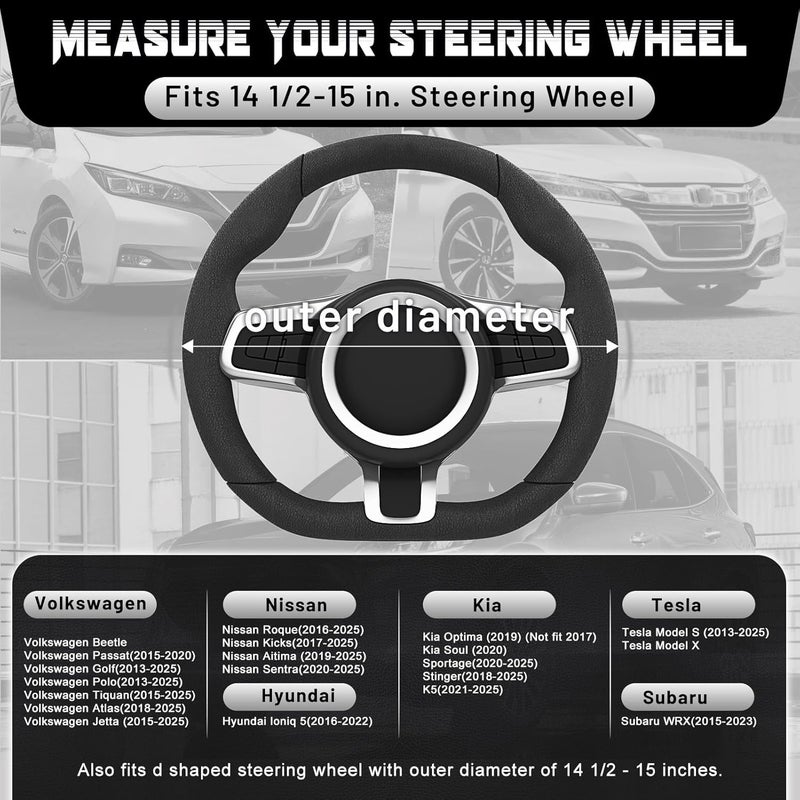 SEG Direct Flat Bottom Steering Wheel Cover, D Shaped Car Wheel Cover 37-39cm, Black White Microfiber Leather - Image 4