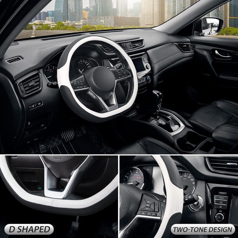 SEG Direct Flat Bottom Steering Wheel Cover, D Shaped Car Wheel Cover 37-39cm, Black White Microfiber Leather - Image 3