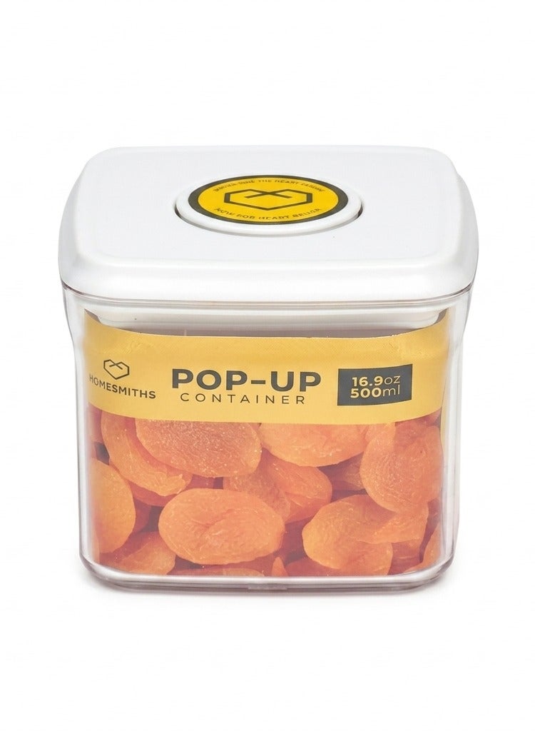 Homesmiths Airtight 500 ml Square Food Storage Container with Pop-Up Lid, L 10.5 x B 10.5 x H 10.5 cm | Clear BPA-Free Kitchen & Pantry Organizer, Stackable Snack & Dry Goods Keeper - Image 1