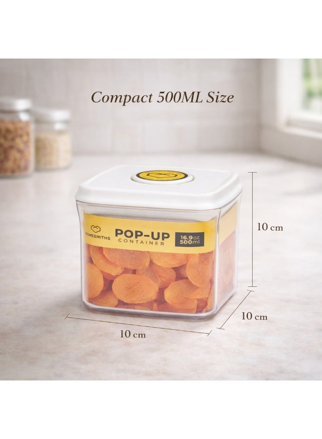 Homesmiths Airtight 500 ml Square Food Storage Container with Pop-Up Lid, L 10.5 x B 10.5 x H 10.5 cm | Clear BPA-Free Kitchen & Pantry Organizer, Stackable Snack & Dry Goods Keeper - Image 2