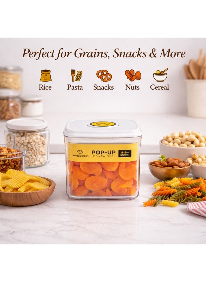 Homesmiths Airtight 500 ml Square Food Storage Container with Pop-Up Lid, L 10.5 x B 10.5 x H 10.5 cm | Clear BPA-Free Kitchen & Pantry Organizer, Stackable Snack & Dry Goods Keeper - Image 5