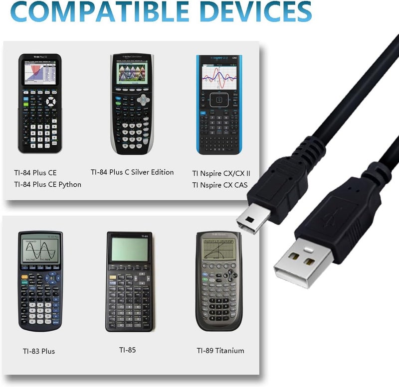 كابل شحن TI84 وشاحن لأجهزة Texas Instruments TI-84 Plus CE/C Silver Edition، وآلة حاسبة بيانية TI Nspire CX/CX CAS - Image 2