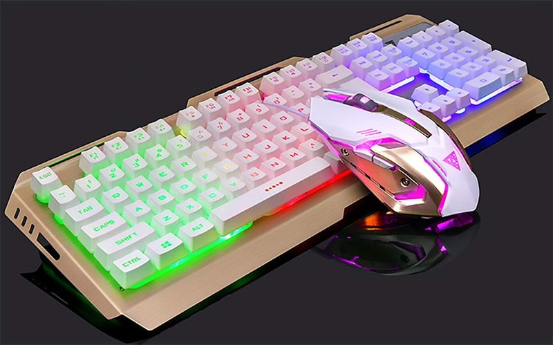 SMILEE Mechanical Gaming Keyboard & Mouse Combo - 3200 DPI RGB Backlit, Brushed Aluminum Panel, Waterproof Dual-Shot Keycaps, Rainbow Edge Lighting, 19-Key Anti-Ghosting (White) - Image 1
