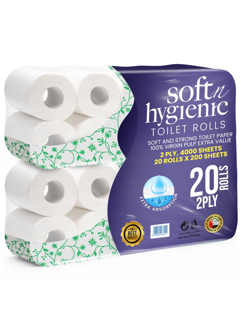 SNH Packing Soft N Hygienic Toilet Paper Tissue Roll Pack of 20 Embossed 200 Sheets x 2 Ply - Image 1