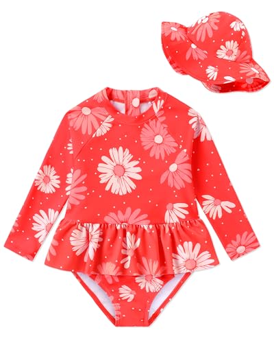 Redair Toddler Bathing Suit Girls One Piece Swimsuit 2t 3t Long Sleeve Ruffle Rash Guard UPF 50+ Sun Protection Red Floral - Image 1