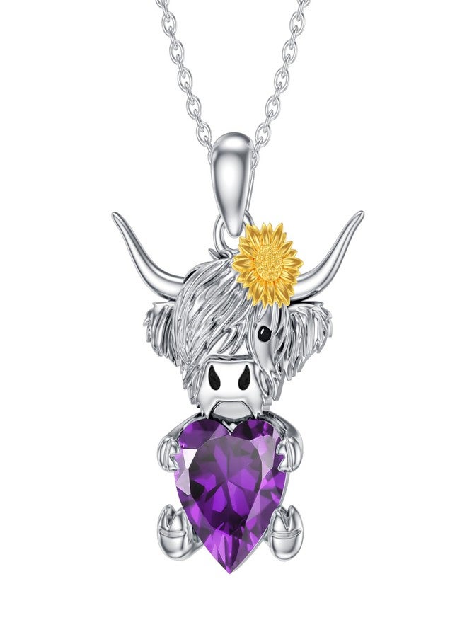 LONAGO Highland Cow Pendant Necklace with Heart Birthstone Cow Necklace Jewelry Gift for Women (February-Amethyst) - Image 1