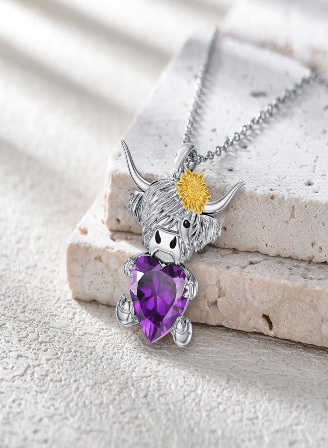 LONAGO Highland Cow Pendant Necklace with Heart Birthstone Cow Necklace Jewelry Gift for Women (February-Amethyst) - Image 2