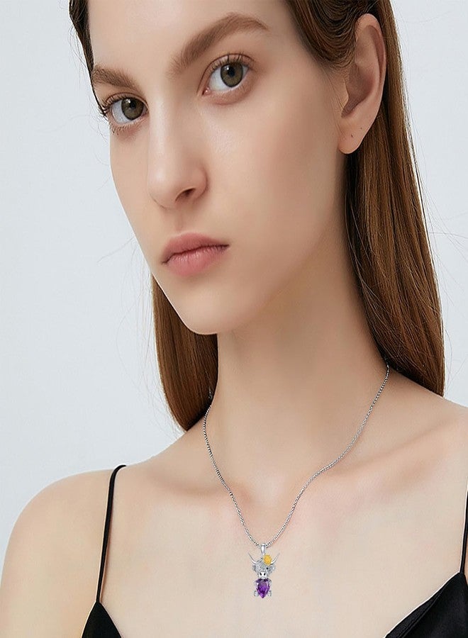 LONAGO Highland Cow Pendant Necklace with Heart Birthstone Cow Necklace Jewelry Gift for Women (February-Amethyst) - Image 4