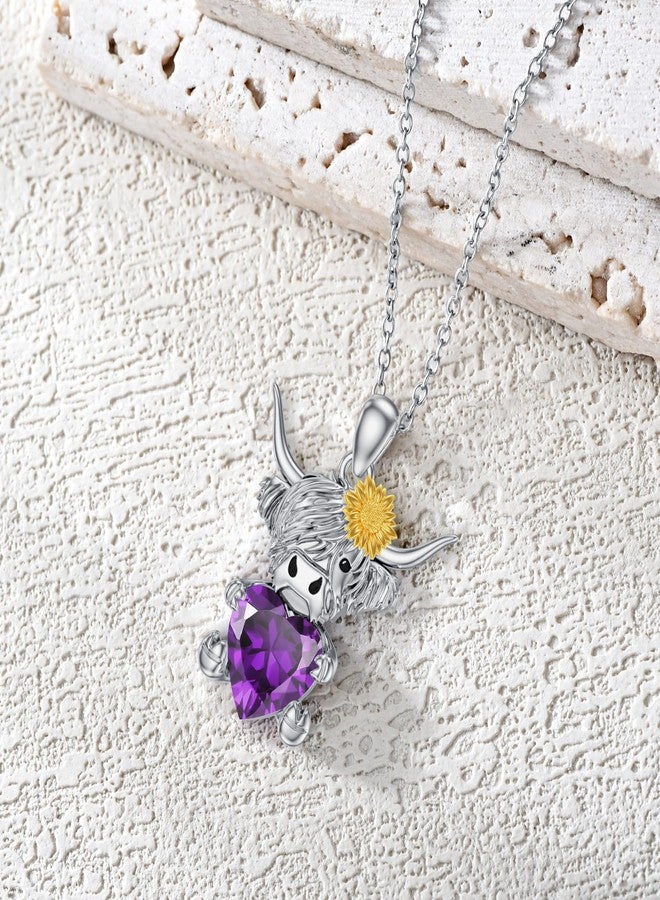LONAGO Highland Cow Pendant Necklace with Heart Birthstone Cow Necklace Jewelry Gift for Women (February-Amethyst) - Image 3